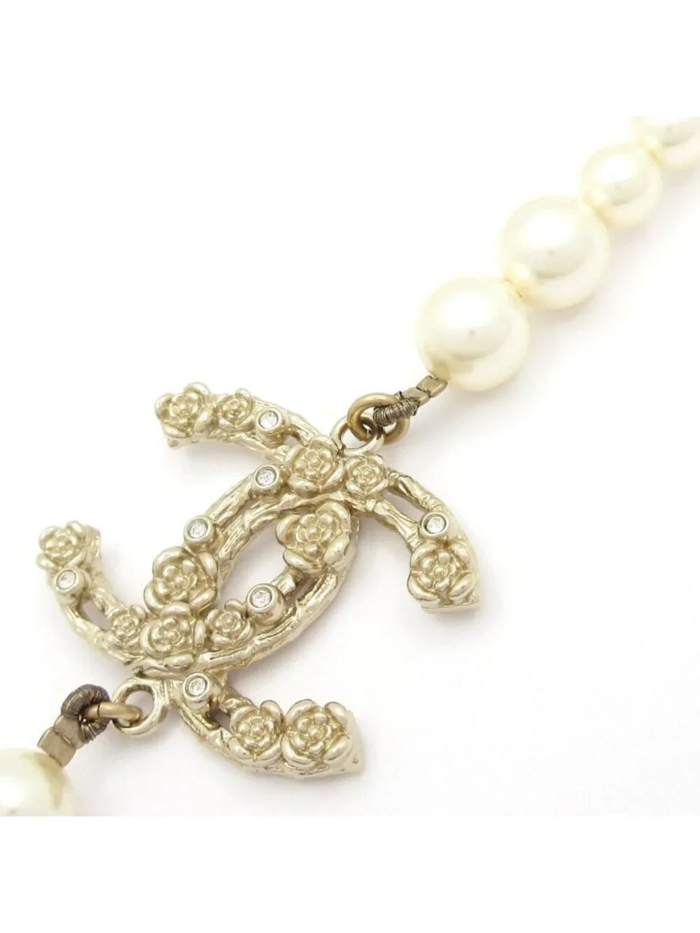 Chanel Necklace CC Logo Ivory Gold Clear Camellia